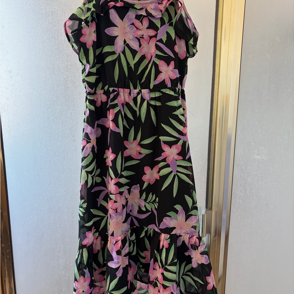 Place Black Floral Tiered Dress with Pink Flowers and Green Leaves
